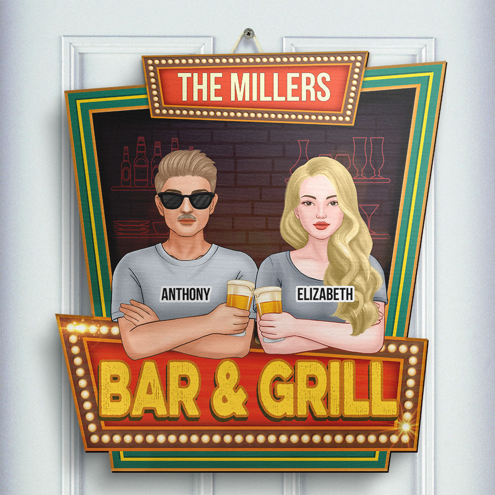 Family Bar Area Couple Drinking - Gift For Couples, Husband Wife, Personalized Shaped Wood Sign