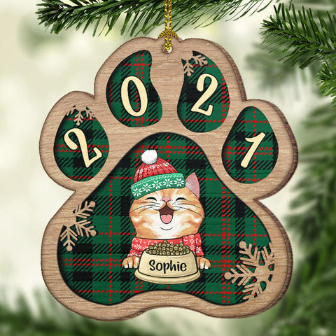 Personalized Christmas Paw Ornament - Dog, Cat And Snow - Plaid Buffalo Pattern - Customized Decoration And Year Gift For Pet Lovers