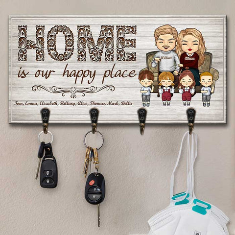 Our Happy Place Is Home - Personalized Key Hanger, Key Holder - Gift For Couples, Husband Wife