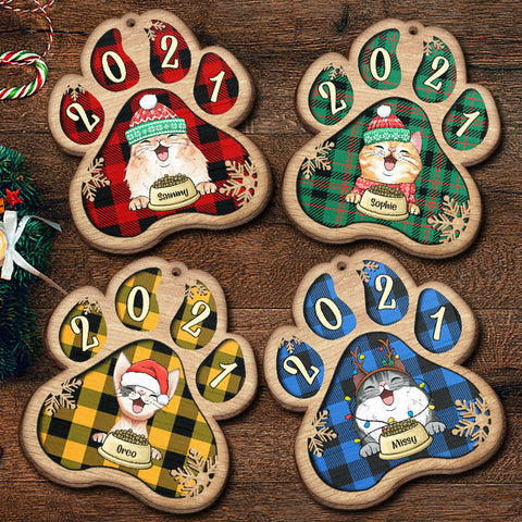 Personalized Christmas Paw Ornament - Dog, Cat And Snow - Plaid Buffalo Pattern - Customized Decoration And Year Gift For Pet Lovers