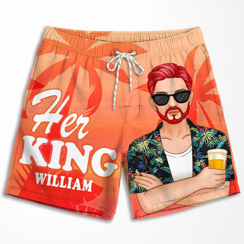 Her King His Queen - Personalized Couple Beach Shorts - Gift For Couples, Husband Wife