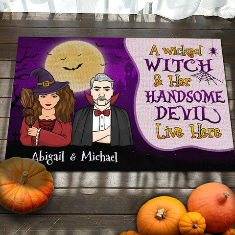 A Wicked Witch And Her Handsome Devil Live Here - Gift For Couples, Personalized Decorative Mat, Halloween Ideas.