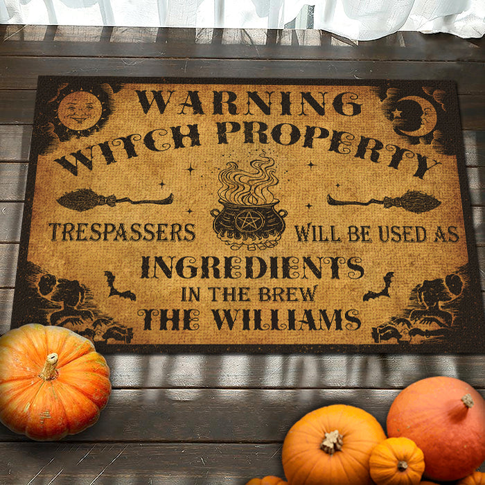 Warning Witch Property - Personalized Decorative Mat, Halloween Ideas.