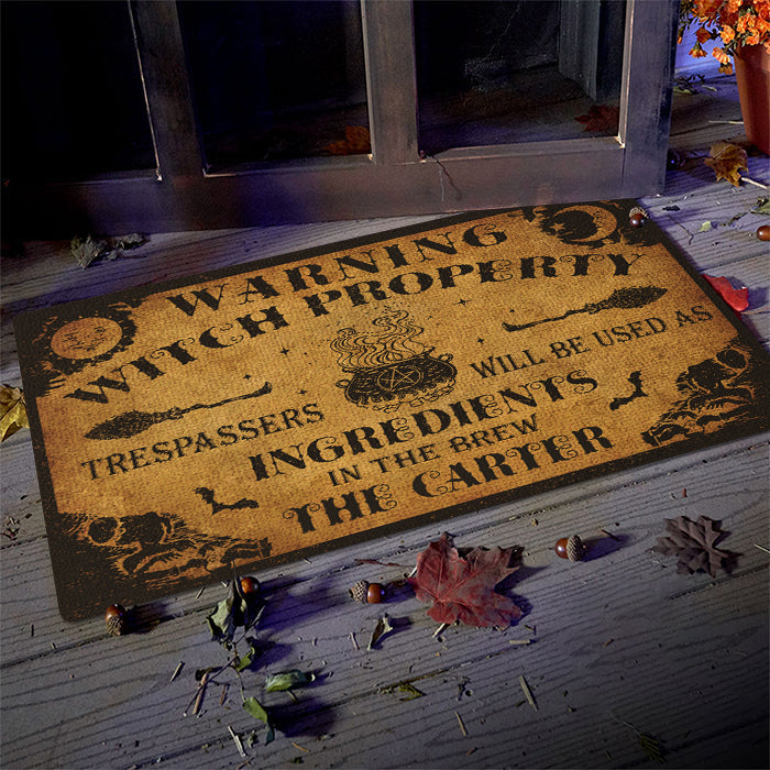 Warning Witch Property - Personalized Decorative Mat, Halloween Ideas.