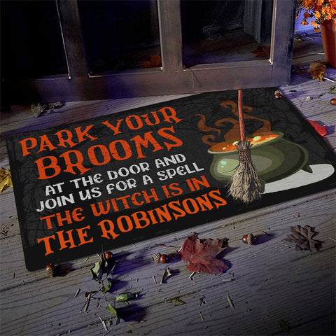 Park Your Brooms And Join Us For A Spell - Personalized Decorative Mat, Halloween Ideas.