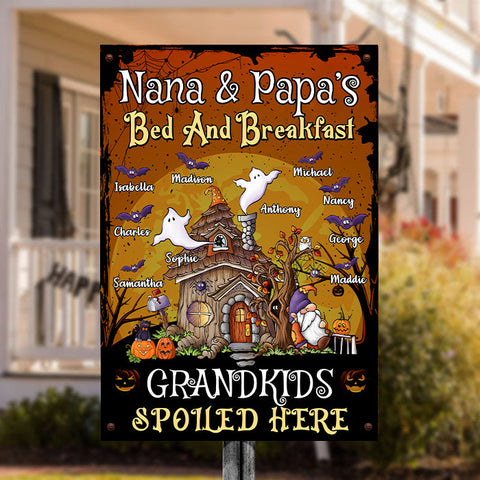Nana and Papa's Bed & Breakfast, Grandkids Spoiled Here - Personalized Metal Sign, Halloween Ideas.