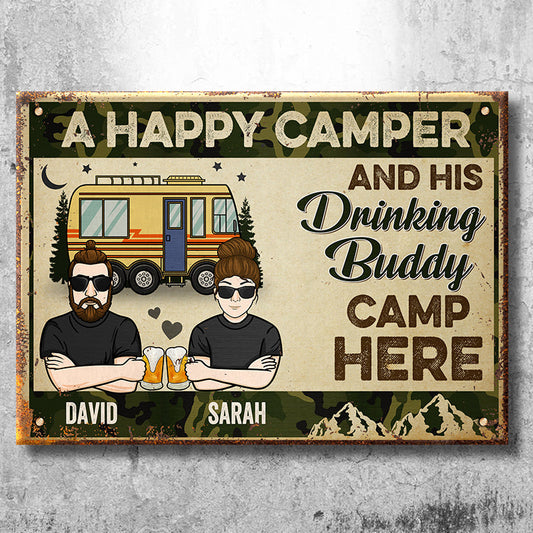 Camping Couple Drinking Buddies - Gift For Camping Couples, Personalized Metal Sign