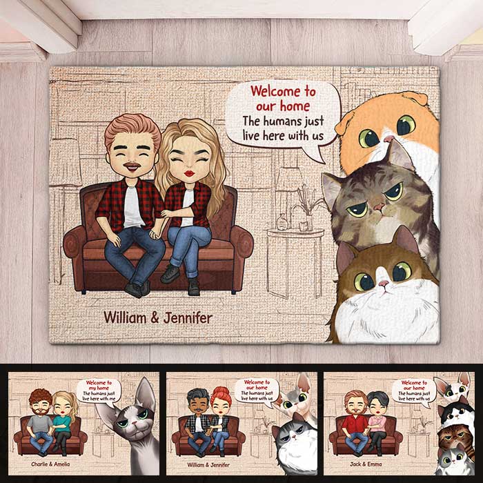 Welcome To Our Home - Couple And Cats, Gift For Cat Lovers - Personalized Decorative Mat