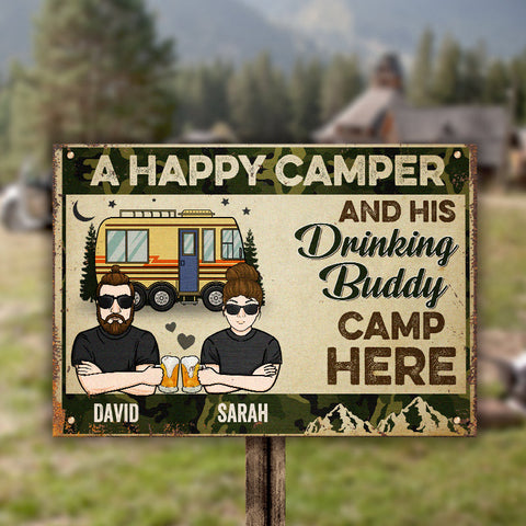 Camping Couple Drinking Buddies - Gift For Camping Couples, Personalized Metal Sign