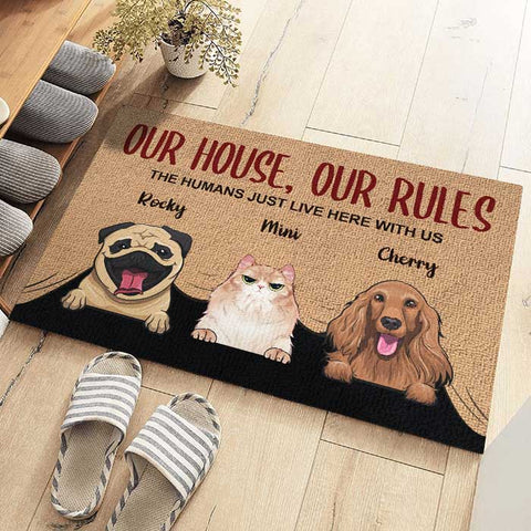 Our House, Our Rules - Personalized Decorative Mat - Gift For Pet Lovers