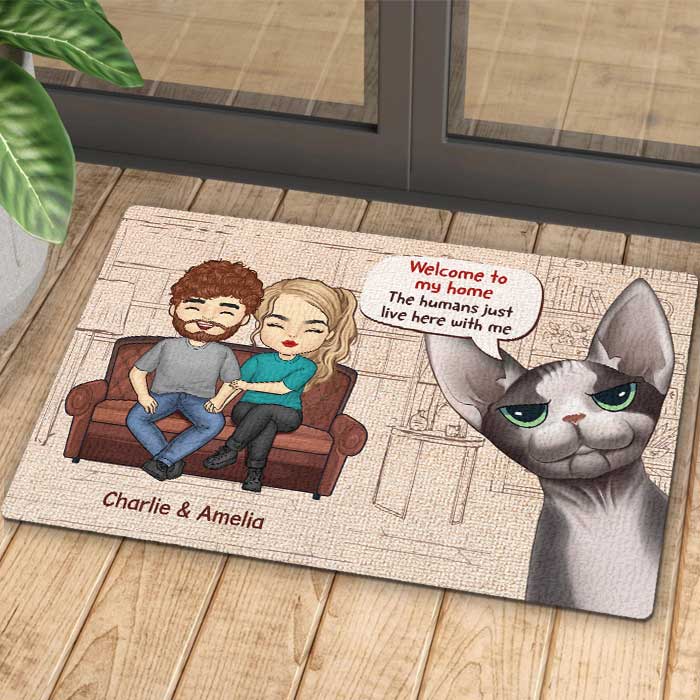 Welcome To Our Home - Couple And Cats, Gift For Cat Lovers - Personalized Decorative Mat