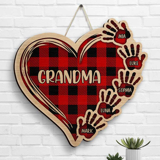 Grandma Plaid Heart And Hand Prints - Gift For Mom, Grandma - Personalized Shaped Wood Sign