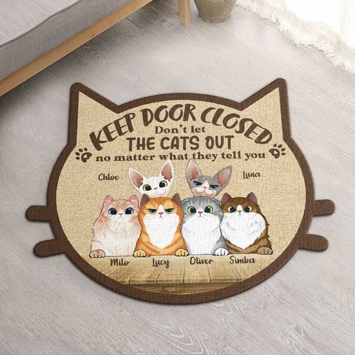 Keep Door Closed Don't Let The Cats Out, Cats Peeking - Personalized Custom Shaped Decorative Mat