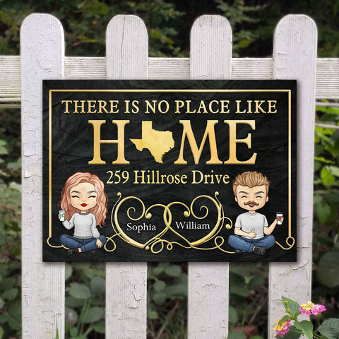 There Is No Place Like Home State Address Sign - Gift For Couples, Husband Wife - Personalized Metal Sign