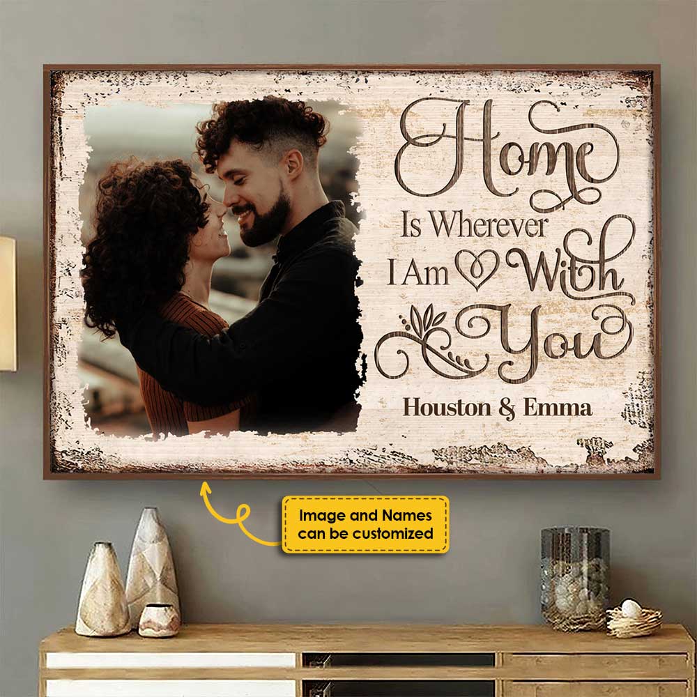 Home Is Wherever I Am With You - Upload Image, Gift For Couples, Husband Wife - Personalized Horizontal Poster