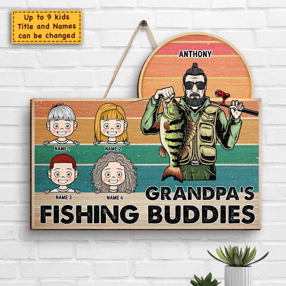 Grandpa's Fishing Buddies - Gift For Dad, Grandpa - Personalized Shaped Wood Sign