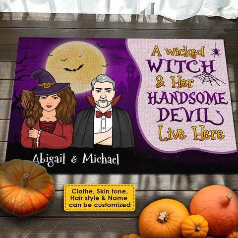 A Wicked Witch And Her Handsome Devil Live Here - Gift For Couples, Personalized Decorative Mat, Halloween Ideas.
