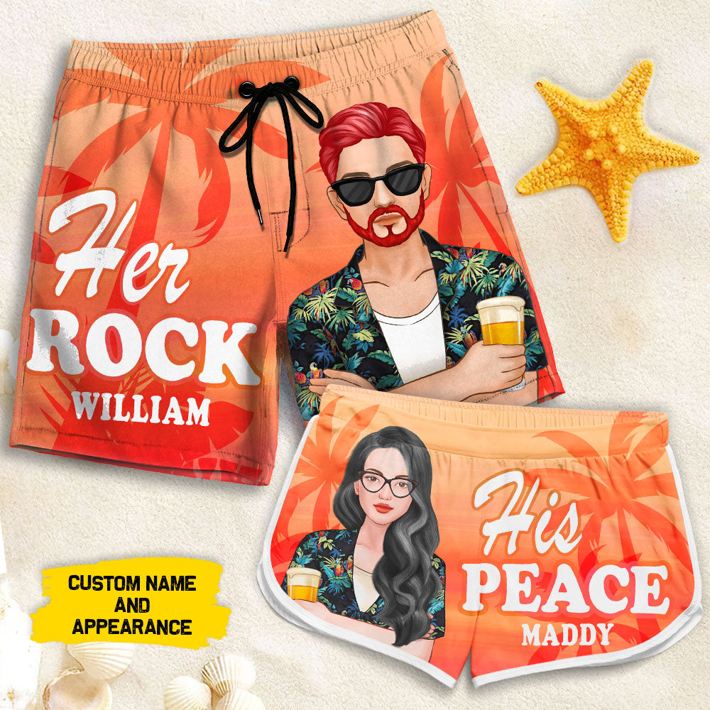 Her Rock His Peace - Personalized Couple Beach Shorts - Gift For Couples, Husband Wife