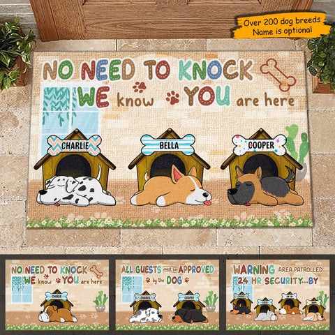 No Need To Knock We Know You're Here, Funny Sleeping Dogs - Funny Personalized Decorative Mat
