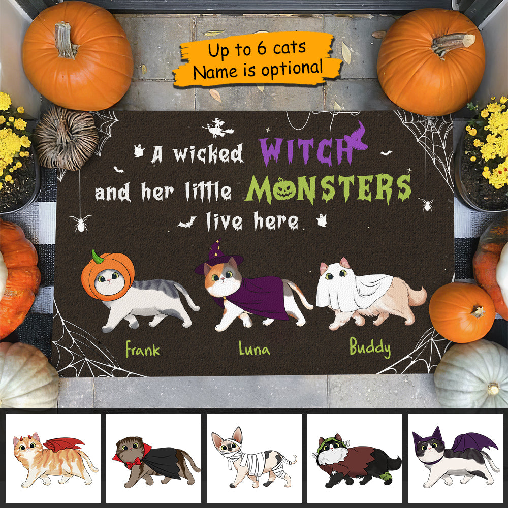 Halloween For Cats - A Wicked Witch And Her Little Monsters Live Here - Personalized Decorative Mat, Halloween Ideas