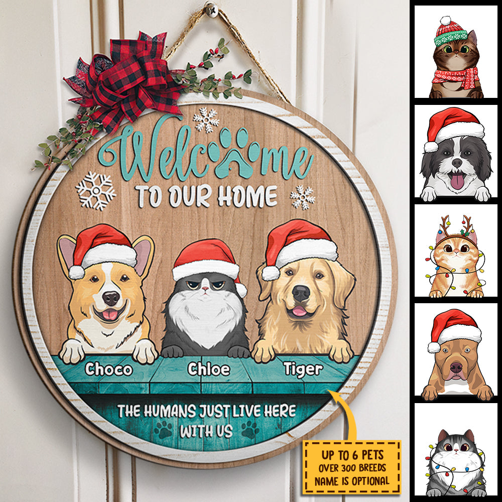 Welcome To Our Home - Christmas Dogs & Cats - Funny Personalized Door Sign