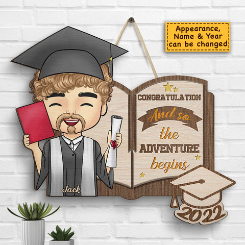 So The Adventure Begins - Personalized Shaped Wood Sign - Graduation Gift