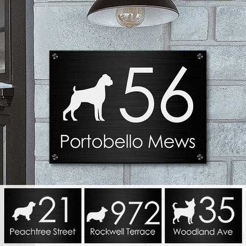 White Dog Silhouette Modern House Number - Personalized Metal Sign