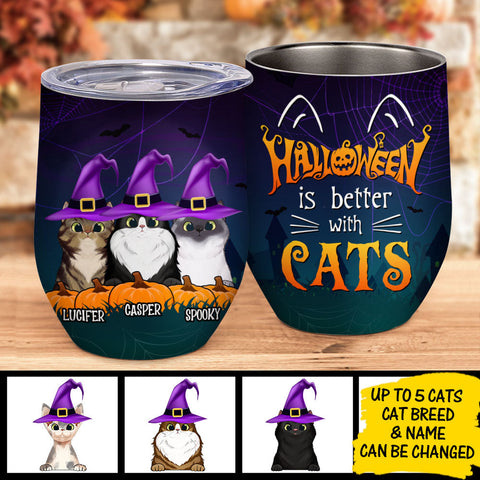 Life Is Better With Cats Halloween - Personalized Wine Tumbler
