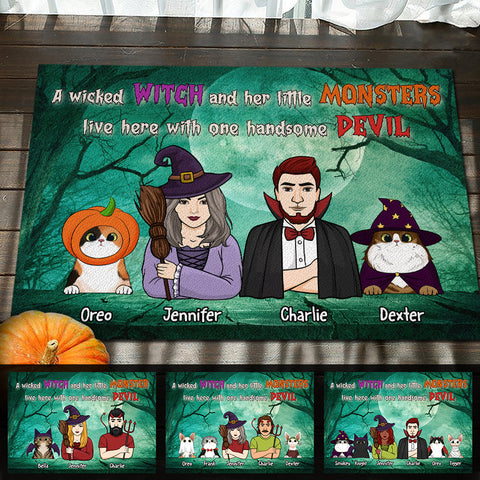A Wicked Witch And Her Little Monsters Live Here With One Handsome Devil  - Personalized Decorative Mat, Halloween Ideas.