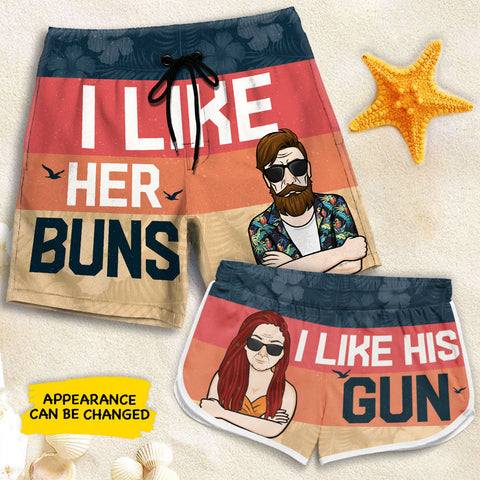 I Like Her Buns - Personalized Couple Beach Shorts - Gift For Couples, Husband Wife