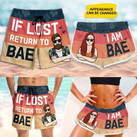 If Lost, Return To My Bae - Personalized Couple Beach Shorts - Gift For Couples, Husband Wife
