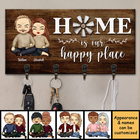 Home Is Our Happy Place - Personalized Key Hanger, Key Holder - Gift For Couples, Husband Wife