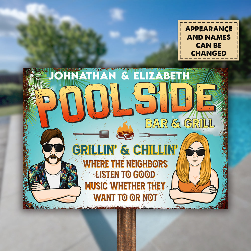 Couple Poolside Bar & Grill - Personalized Metal Sign - Gift For Couples, Husband Wife