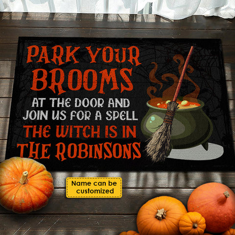 Park Your Brooms And Join Us For A Spell - Personalized Decorative Mat, Halloween Ideas.