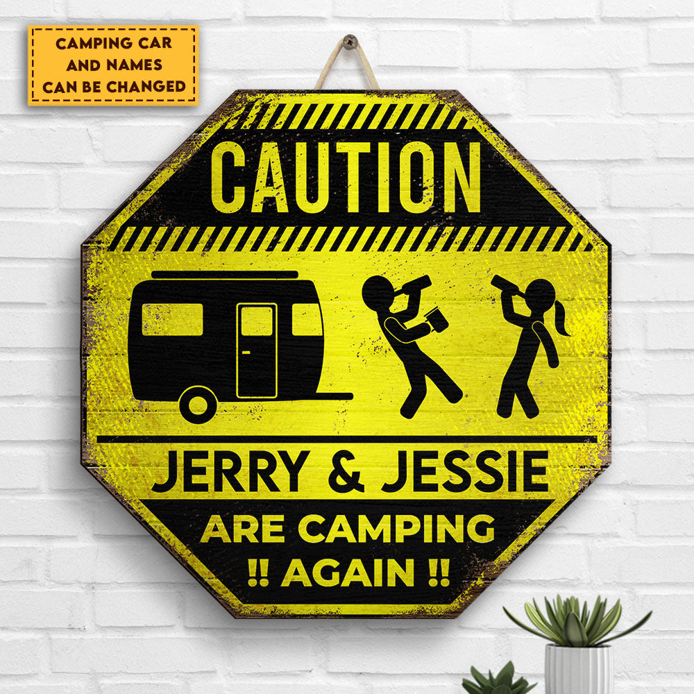 Camping Caution - Personalized Shaped Wood Sign - Gift For Camping Lovers