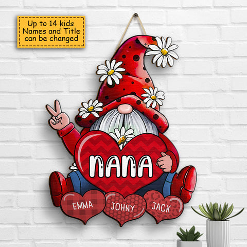 Gnomes With Hearts - Gift For Mom, Grandma - Personalized Shaped Wood Sign