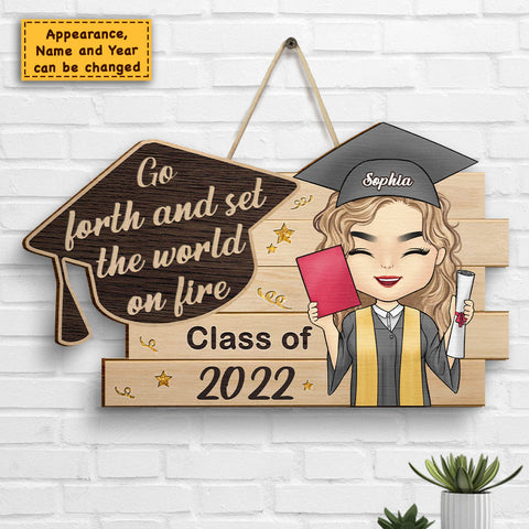 Set The World On Fire - Personalized Shaped Wood Sign - Graduation Gift