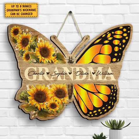 Grandma Butterfly And Kids - Gift For Grandma, Mom - Personalized Shaped Wood Sign