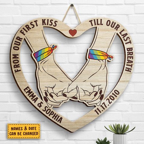 Pinky Promise, From Our First Kiss, LGBTQ+ Couples - Gift For Couples, Husband Wife, Personalized Shaped Wood Sign