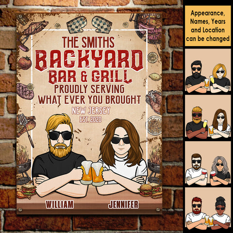 Family Backyard Bar And Grill - Gift For Couples, Husband Wife, Personalized Metal Sign