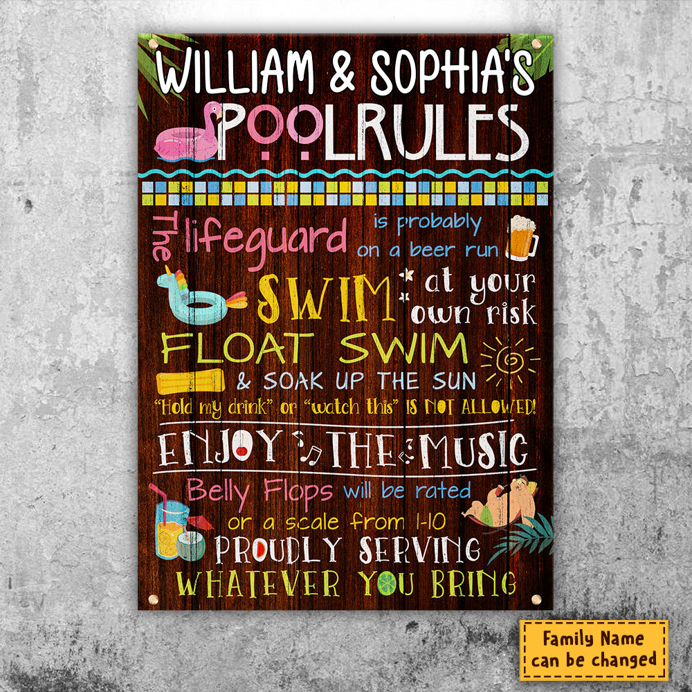 Family Pool Rules - Personalized Metal Sign - Gift For Couples, Husband Wife