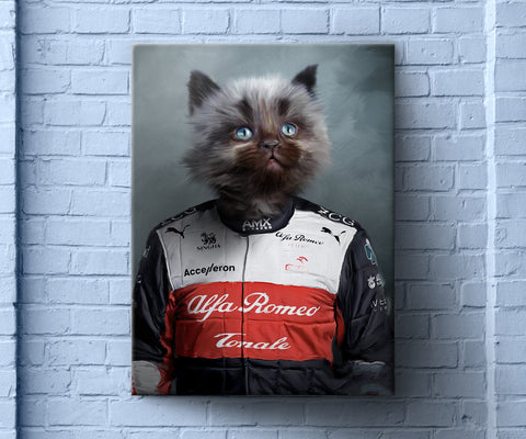 Alpha Romeow, Custom Dog Portrait, Formula 1 Fan Gift Art