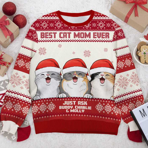 Personalized Custom Best Cat Dad Cat Mom Ever Unisex Ugly Christmas Sweatshirt