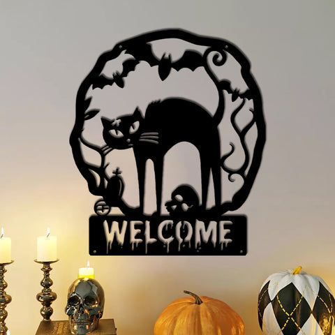 Black Cat Halloween Welcome Sign - Halloween Decor