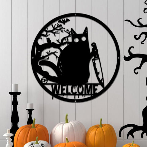 Custom Spooky Black Cat Round Metal Sign - Halloween Sign