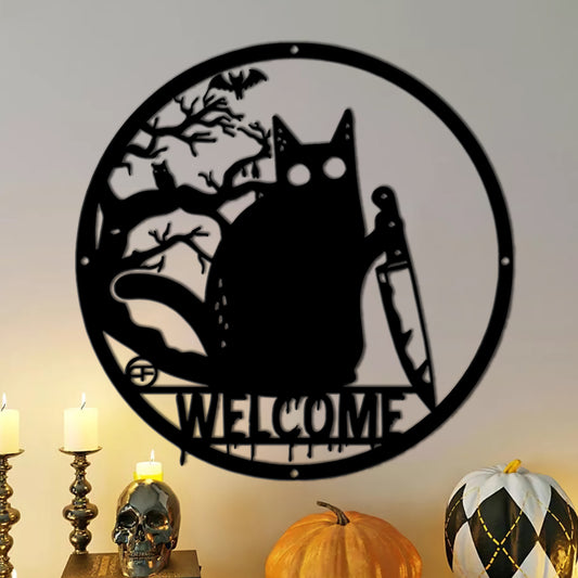 Custom Spooky Black Cat Round Metal Sign - Halloween Sign