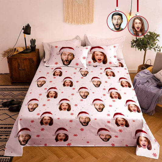 Personalized Photo Double Bedding Sheet And Duvet Cover Pillowslip Set Christmas Hat Gift For Couple