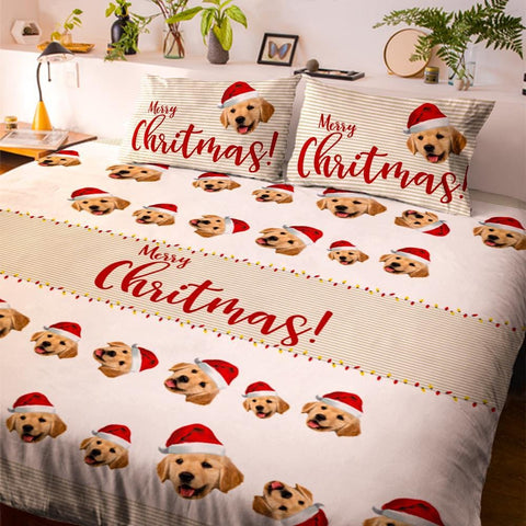 Christmas Custom Photo Double Bedding Sheet And Pillowslip Set for Pet Lovers