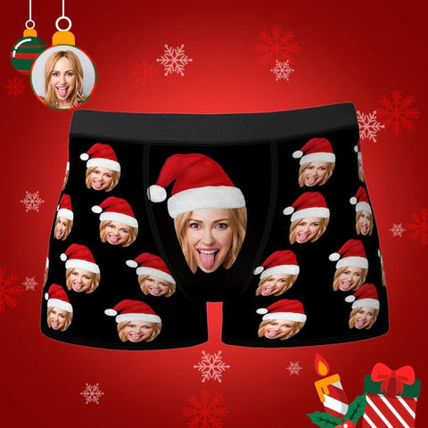 Custom Face Boxers Shorts With Christmas Hat , Elf Cap- Personalized Photo Underwear