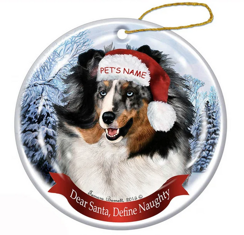 Holiday Pet Gifts Sheltie (Blue Merle) Santa Hat Dog Porcelain Christmas Ornament, Personalized Christmas Ornaments
